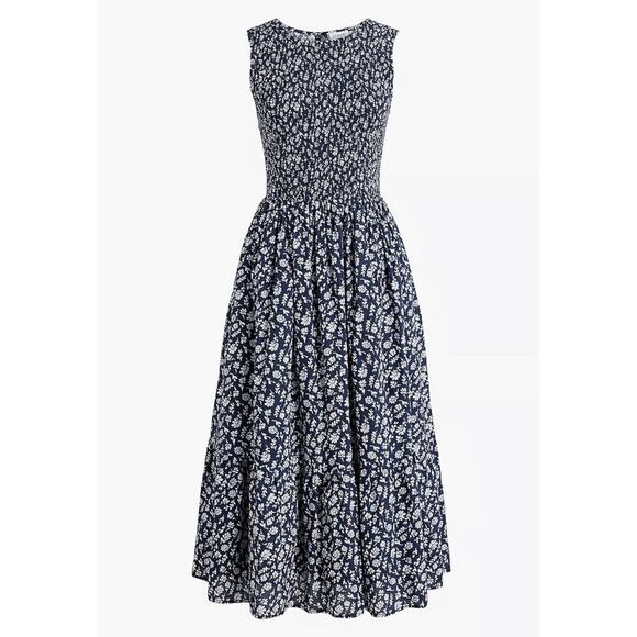 J.CREW Dresses & Skirts - J. CREW 2024 Navy Floral Smocked Bodice Sleeveless Midi Dress